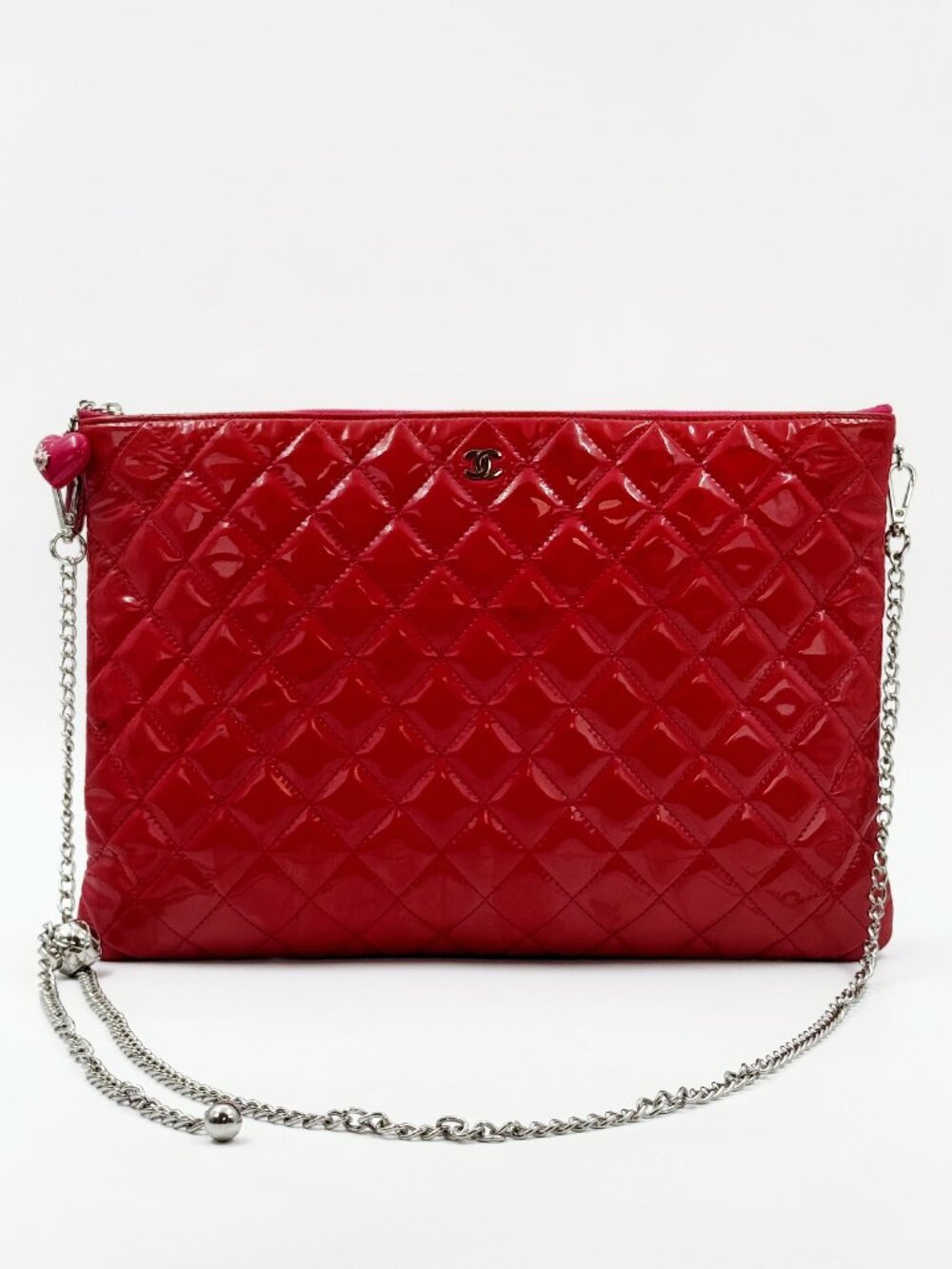 CHANEL Red Patent Leather Quilted Clutch Bag Converted Chain Shoulder Bag